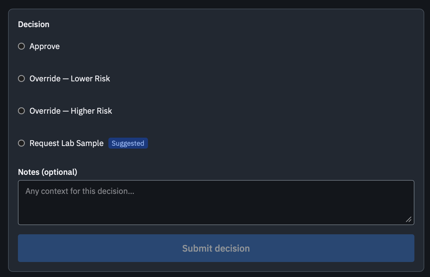 Advisory decision panel with options to approve, override risk level, or request a lab sample, plus a notes field and submit button